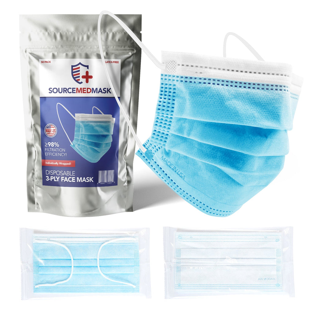 3-Ply Face Mask [50ct - Individually Wrapped] SourceMedMask | 100% Made in USA Buy Sale Save Free Shipping KN95 Kid's CDC FDA Approved Prime Fast